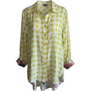 Gingham Plaid Floral Button Down Shirt Shana Women's Medium Yellow Green NWT